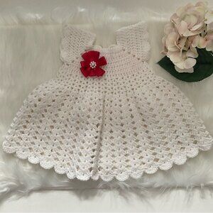 Handmade Crochet Adorable Baby Dress with red flower and pearl accent
